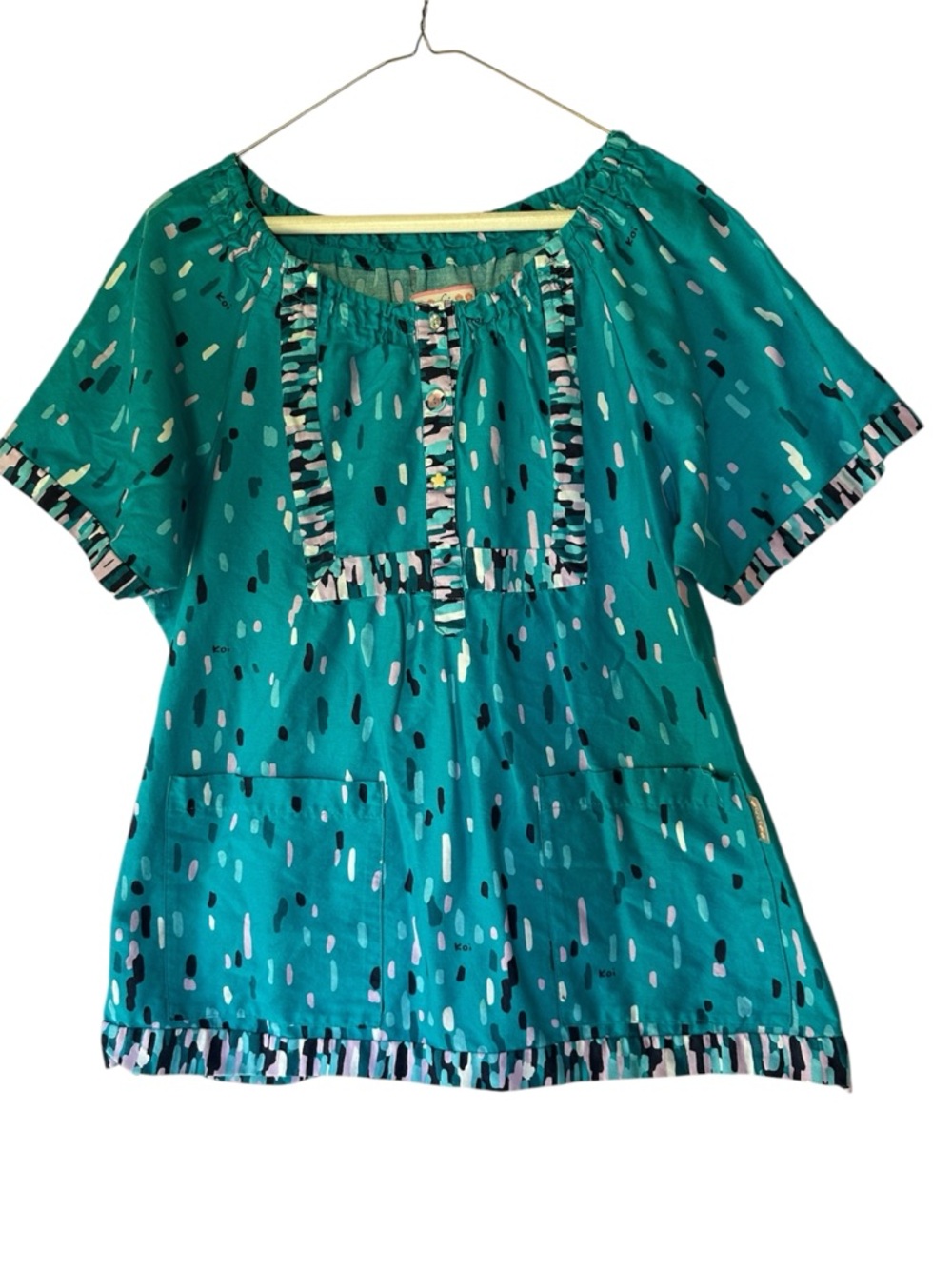 koi By Kathy Peterson Teal Abstract Print Scrub Top Large Floral Button Smocked